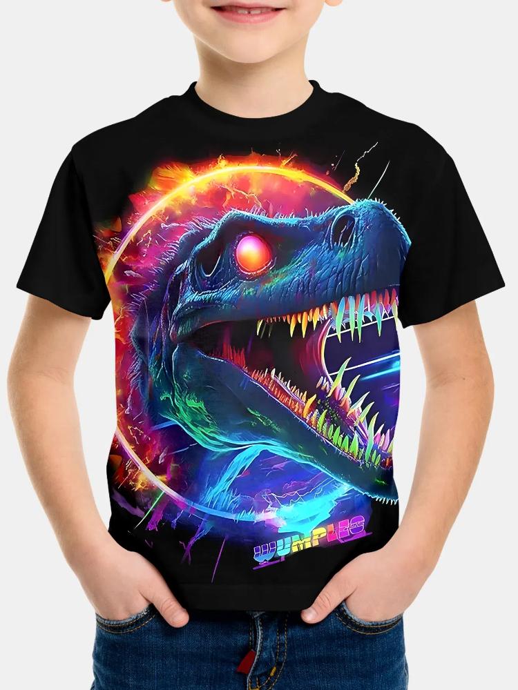 3D Print Digital Dinosaur Boys Creative T-shirt, Casual Lightweight Comfy Short Sleeve Tee Tops, Kids Clothings For Summer