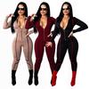 Eleganter Mode Revers Enganliegender Jumpsuit Sexy Frau Langarm Overalls Bodysuit