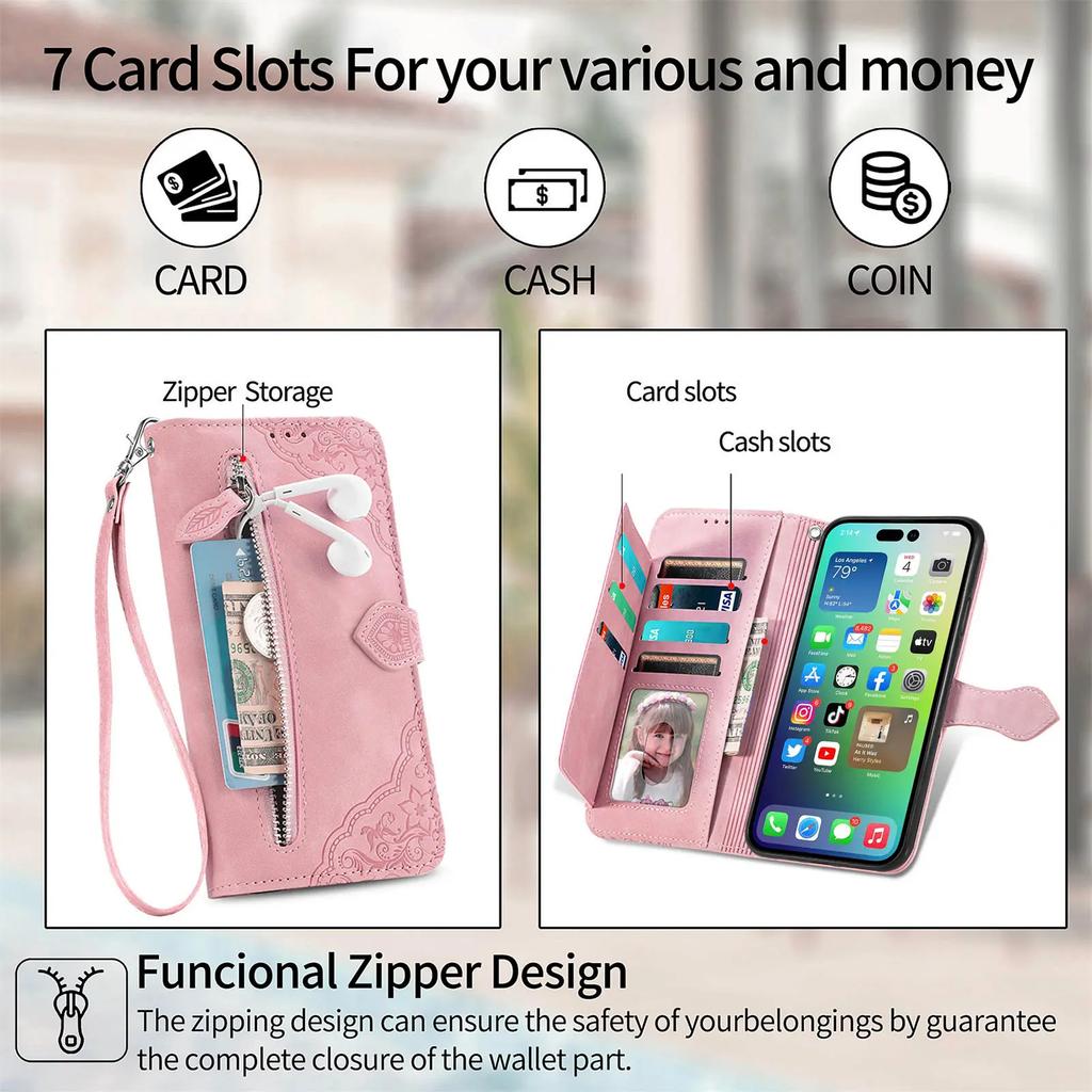 Zipper Leather Flip Wallet Case For iPhone Air 17 16 Pro Max 15 Plus 14 Pro 13 12 11 Pro XR 16E Card Slot Phone Cover Bags