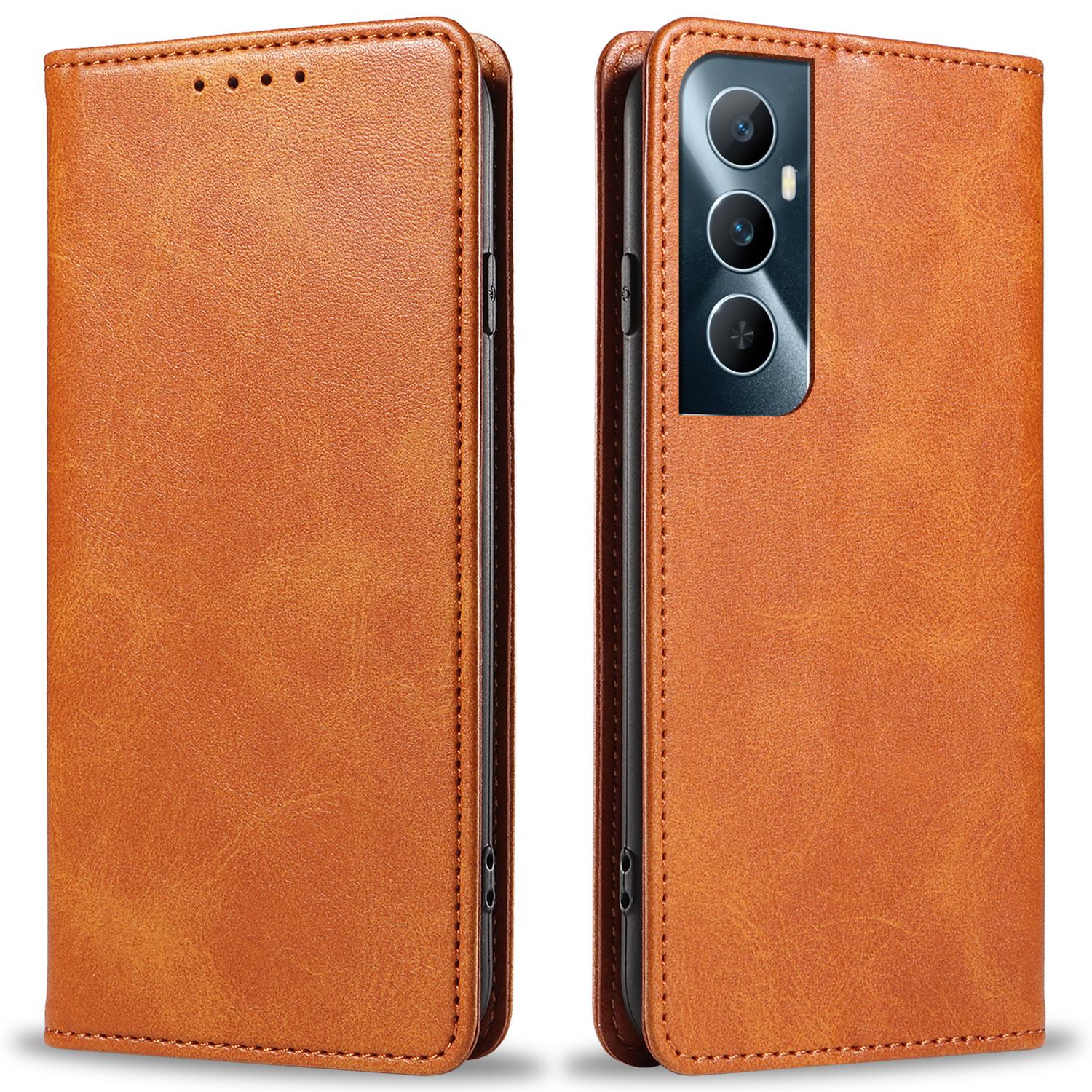 

For Realme C65 4G Case Strong Magnetic Closure Card Slots Leather Phone Cover Khaki