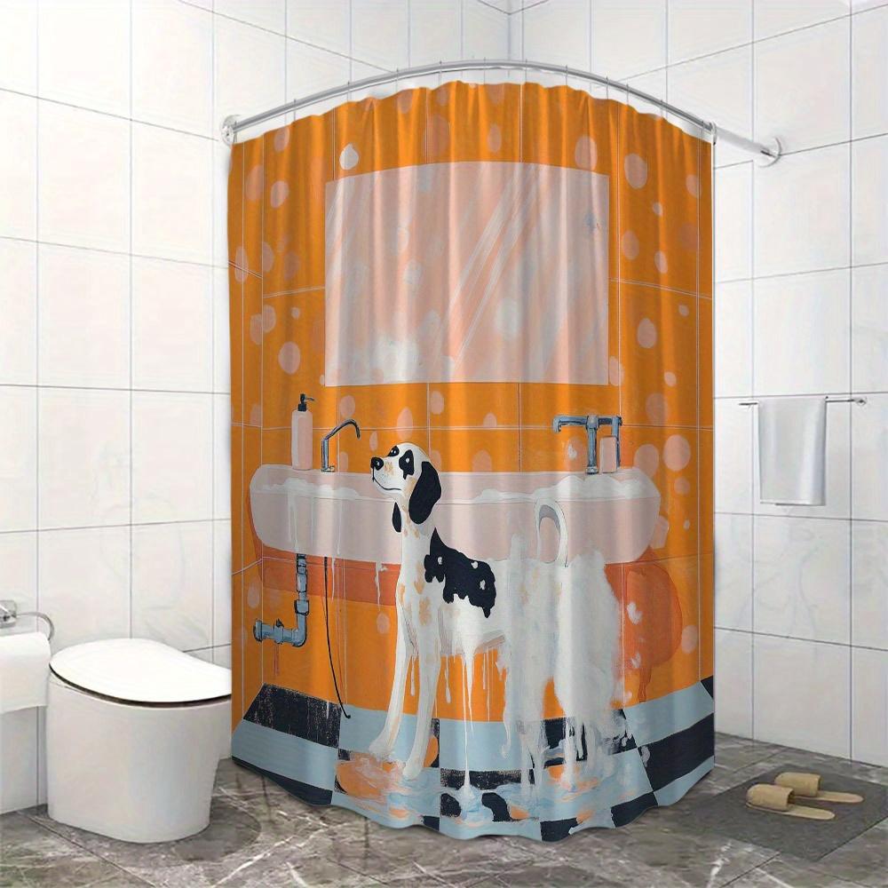 1Pc Playful Black & White Dog Bath Curtain - High Quality 70X70 Inch Shower Curtain With 12 Hooks, Vibrant Orange Polka Dots,