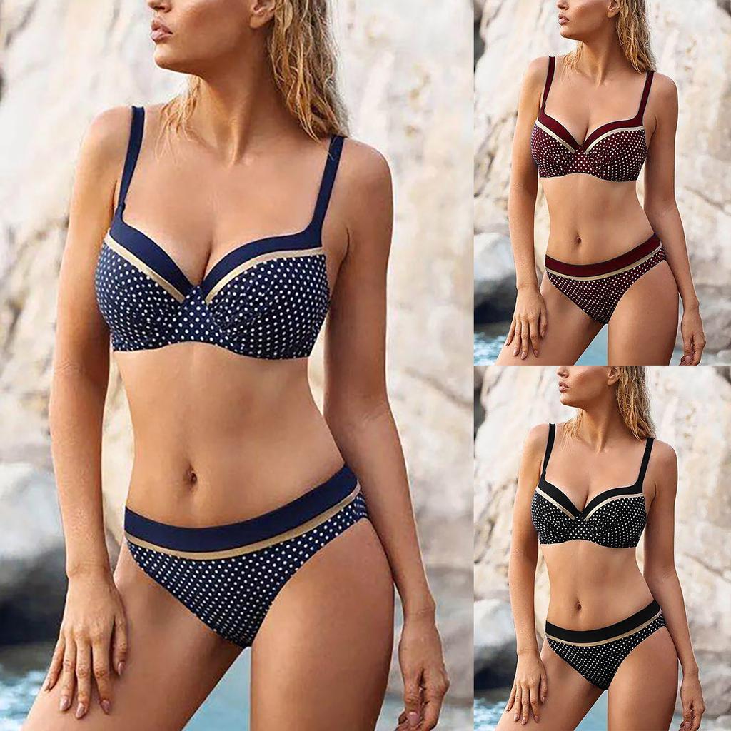 Women's Fashion Polka Dot Backless Hard Covered Sexy Split Bikini Swimsuit