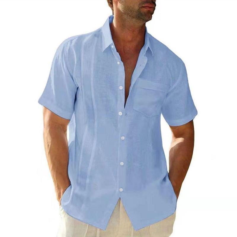 Summer  Men's Cotton and Linen Short Sleeve Shirts Casual Lightweight Button Shirts Vacation Beach Tops with Pocket
