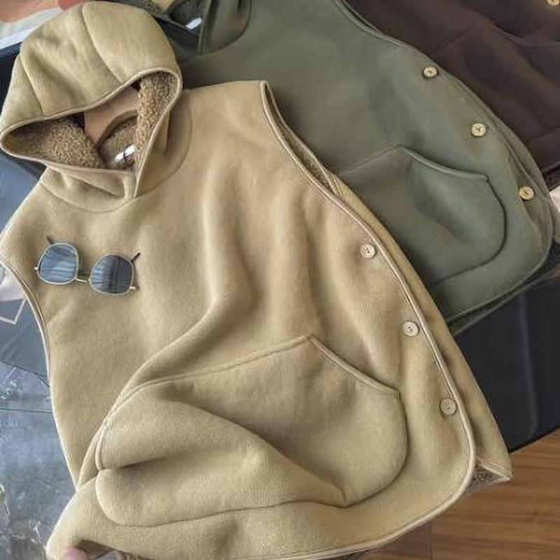 Lady Thermal Vest Women Side Button Closure Fleece Hooded Vest Solid Color Front Pocket Casual Fall Winter