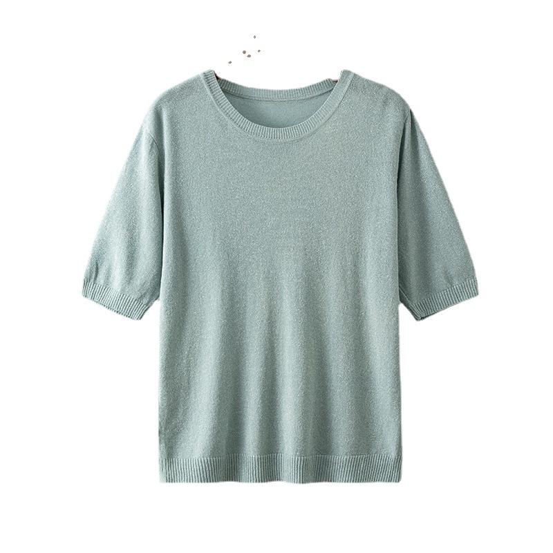 Sommer Damen Helles Seide Kurzarm Einfarbig Locker Dünn Rundhals Vielseitiges Halbarm Strick-T-Shirt