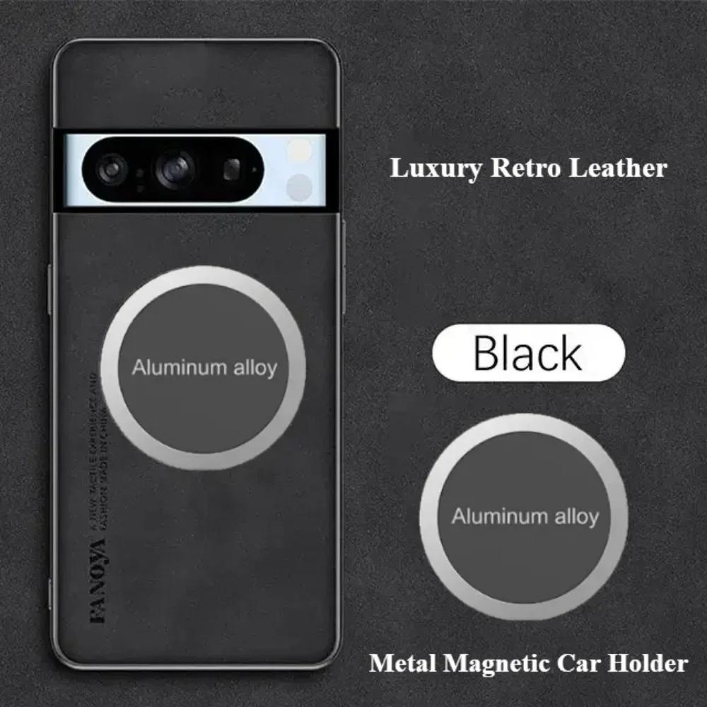 Business Retro Matte Lambskin Leather Case For Google Pixel 10 9 8 7 6 A Pro XL Metal Magnetic Car Holder TPU Soft Protect Cover