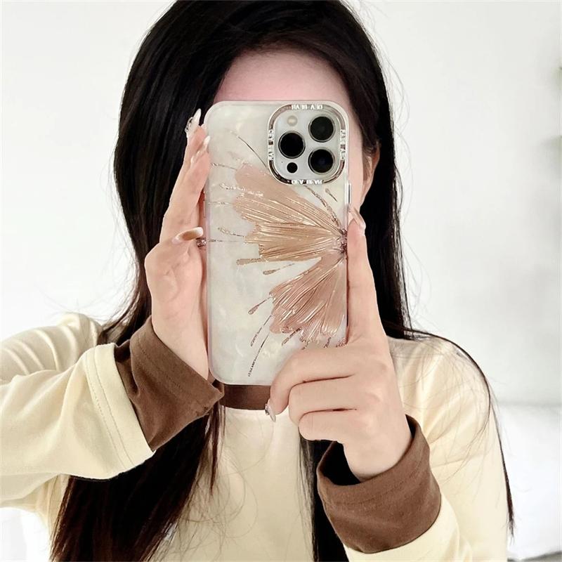Koreansk Luksus Plating Glitter Butterfly Shell Mønster Telefonveske For iPhone 15 14 13 12 Pro Max 11 Lens Protective Bumper Cover