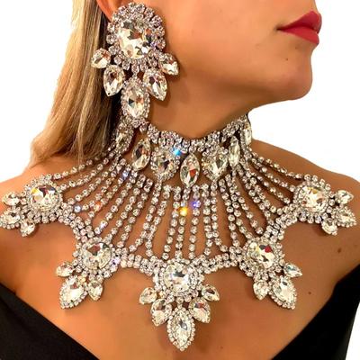 Exaggerated Rhinestone Necklace Set, Personalized Luxury Multi-layer Water Drop Necklace Shiny Earrings Jewelry Set