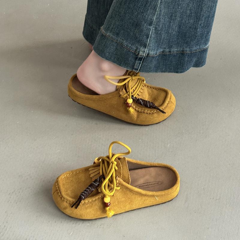 Retro Versatile Tassel Bag Head Thick-soled Half-slippers Women's Autumn New Fashion Outer Wear Women's Flat-bottomed Cool Slippers