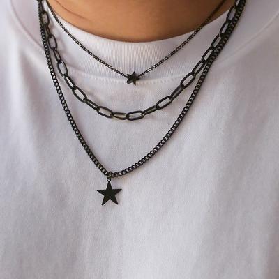 PuRui Hip Hop Black Star Geometric Pendant Necklace for Men Multilayer Black Link Chain Choker Collar Rock Zircon Party