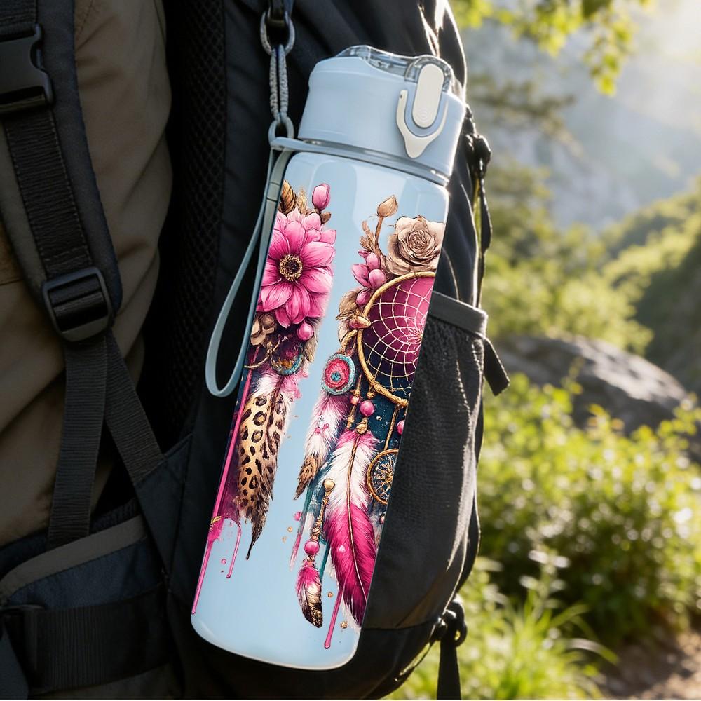 1PC Bohemian Color Flower Print 750ml Color Plastic Sports Water Bottle Leakproof Flip Straw Lid Suitable for Sports Office Home Use