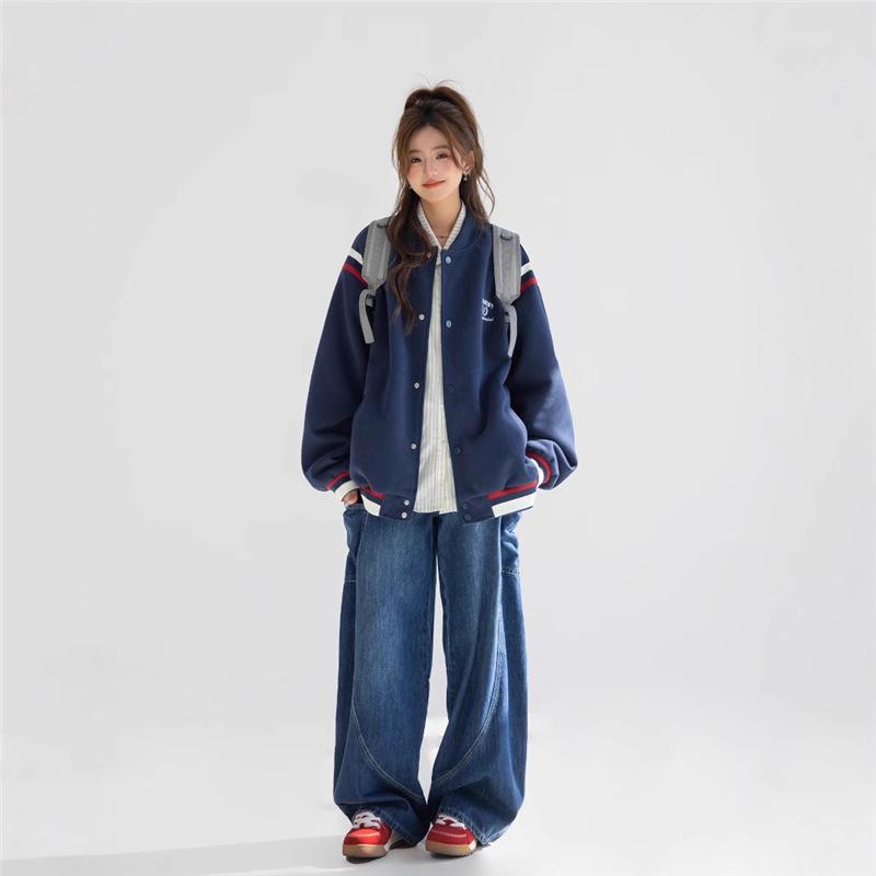 CHANT2nd American Retro Embroidered Baseball Jacket - Women's Spring/Fall Color Block Patchwork