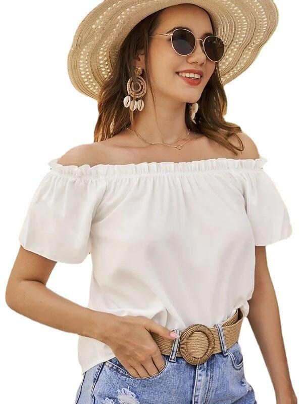 Women's Loose-fit Off-the-shoulder Boat-neck Ruffled Short-sleeved Shirt