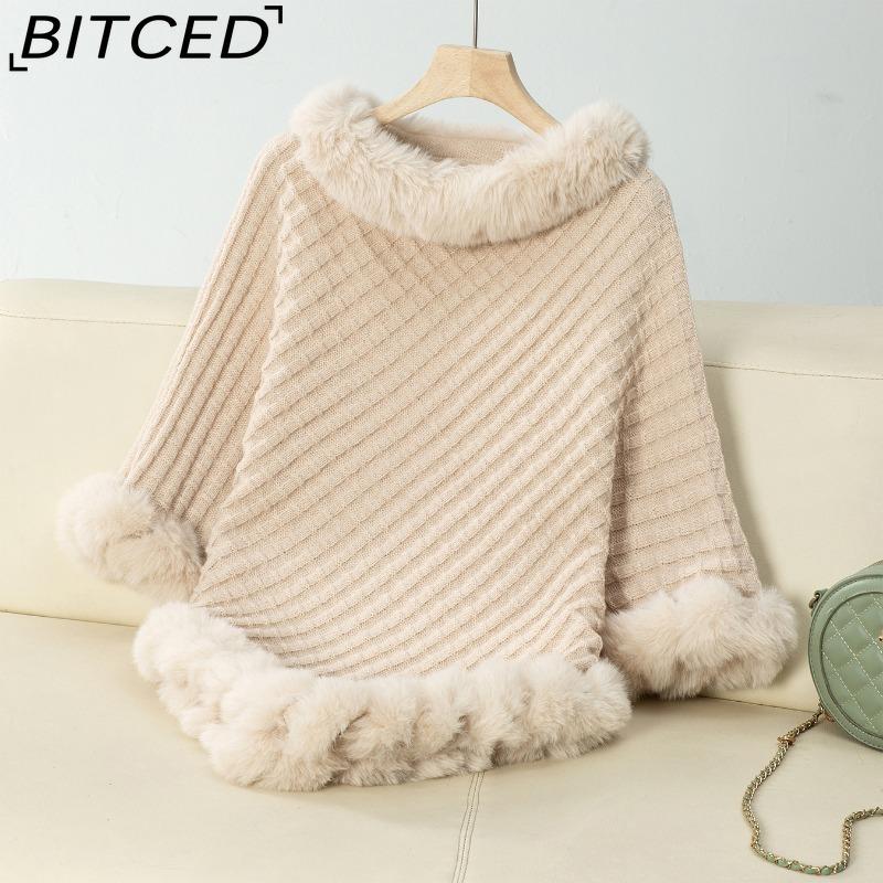 BITCED Solid Colour Wool-Trimmed Pullover for Women Autumn/Winter Thick Vintage Check Knitted Cape Shawl