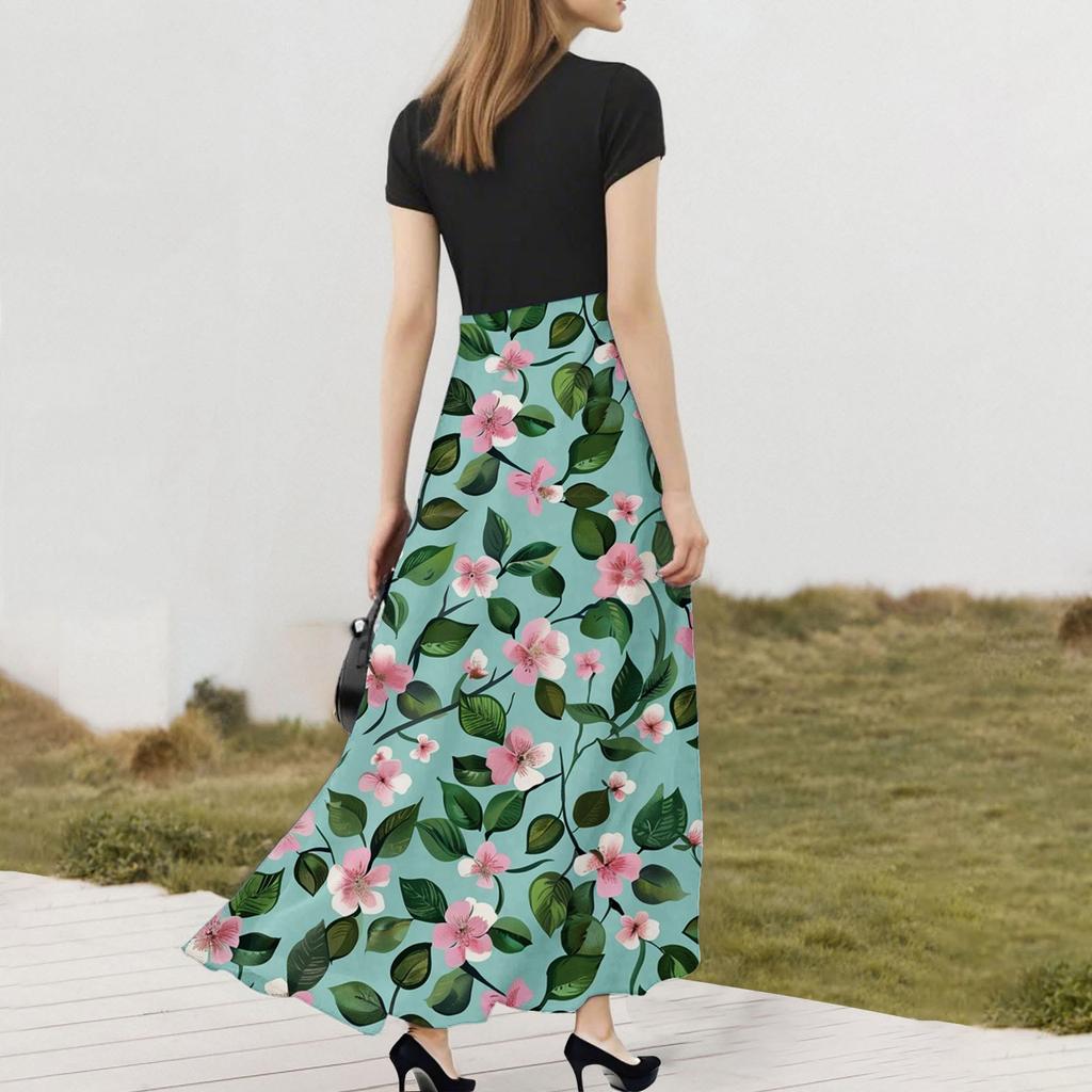 Women's Fashion Casual Loose Printed Round Neck Short Sleeve Long Dresses Short Sleeve Long Dresses