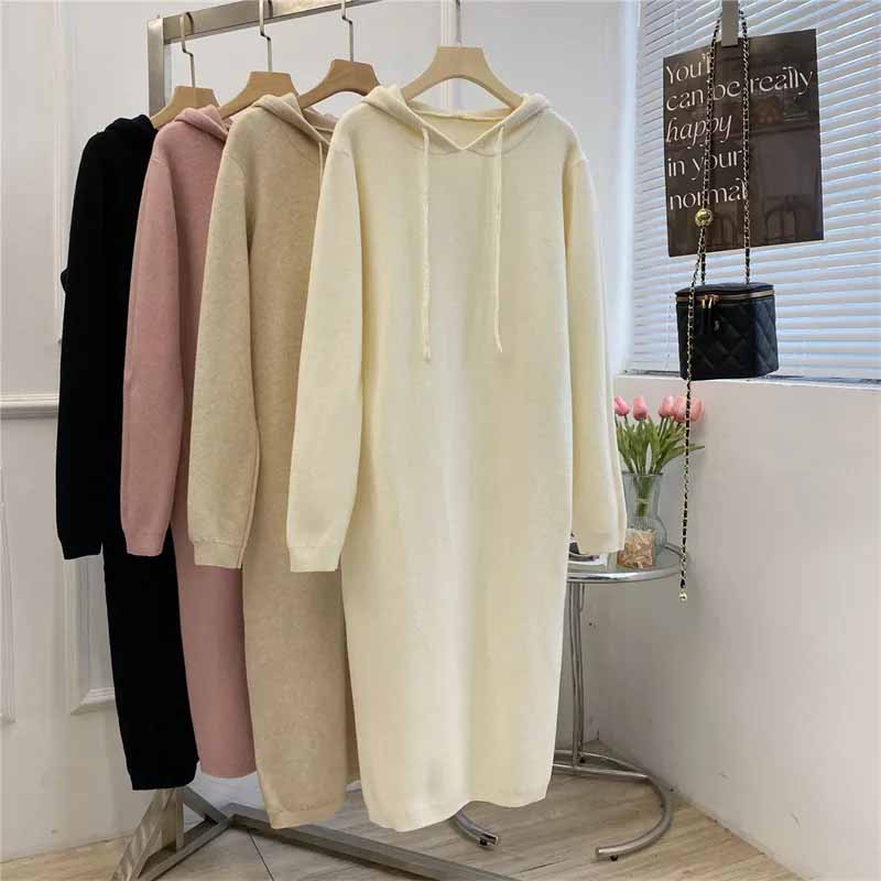 

Толстовка для женщин с капюшоном, зимняя, утолщенная, свободного кроя, вязаная, длинная, однотонная, платье-свитер, повседневный пуловер, топ с длинным рукавом, толстовка XXL белый