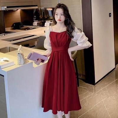 French Solid Color Dress Women's Short Sleeves Summer Waist Retraction Appear Thin Slim Mid Length Princess Dress A-line Fashion Women's Dress