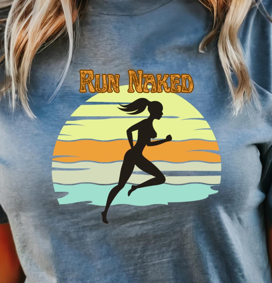 Run Naked silhouette runner T-Shirt | Retro sunset beach design, Naturist Nudist 2XL
