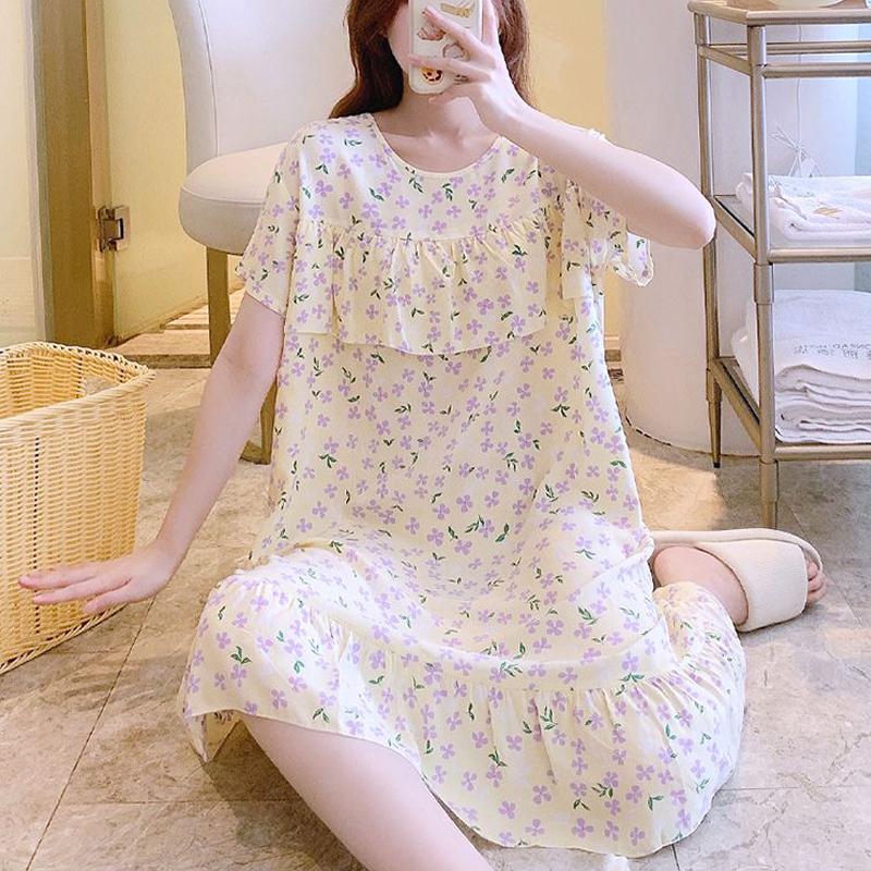 Sleeping Dress for Women In Summer Thin Cotton Silk Short Sleeved Without Chest Pad Home Clothing Knee Length for Outdoor Wear Dress