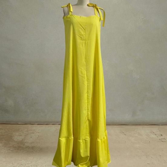 Women's Summer Casual Loose Dress Tie Shoulder Sleeveless Square Neck Maxi Dress A-Line Ruffle Flowy Beach Sundress