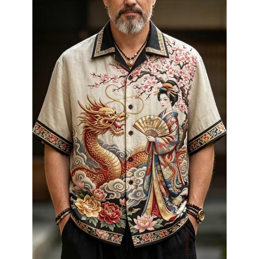 Men's Short Sleeved Shirt, Cat Noodle Printed Top, Versatile for Daily Commuting and Travel, Fashionable and Casual Loose Shirt