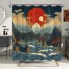 1Pc Japanese Ukiyo-E Inspired Shower Curtain, Polyester Fabric, Mountain Landscape With Red And White Suns, Ocean Waves, Include