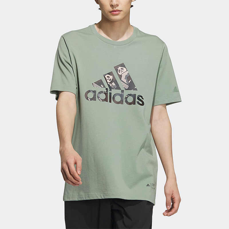 Adidas Alphabet Logo Cartoon Panda Print Round Neck Short Sleeve T-Shirt Men Tops Silver Green IP3967