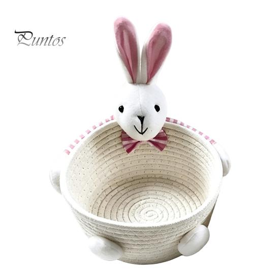 Gentle Color Storage Basket Desktop Basket, Cartoon Plush Bear And Rabbit Rope Decorative Plaid Bow Organizer Shape, Woven for Small Items Jewelry