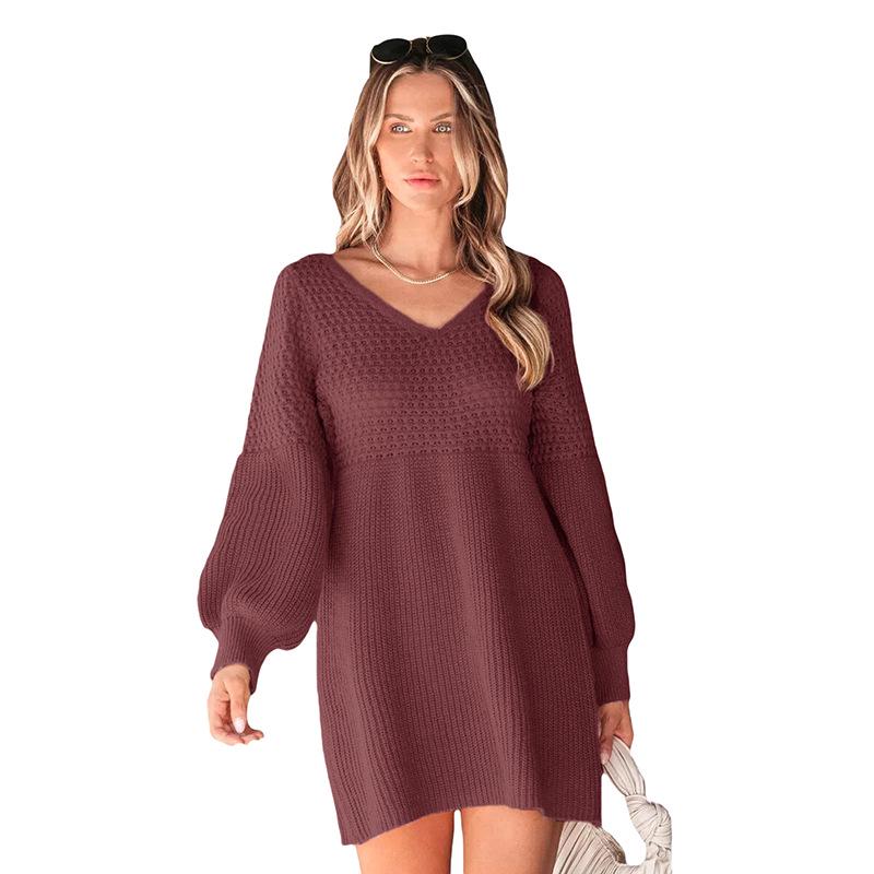 TEMU Autumn 2026 Puff Sleeve Solid Knit V-neck Sweater Dress - European & American Christmas Edition