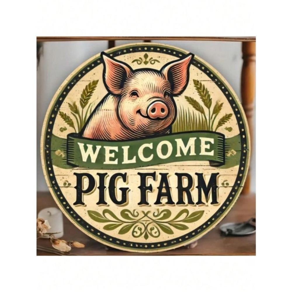 Vintage Farm Pig Round Metal Wall Art Home Decor Sign
