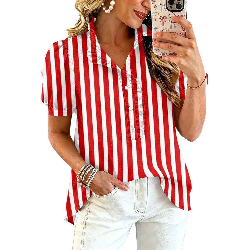 Women Ruffle V Neck Striped Print Blouse Short Sleeve Casual Loose Fit Button Front Top Shirt for Daily Wear