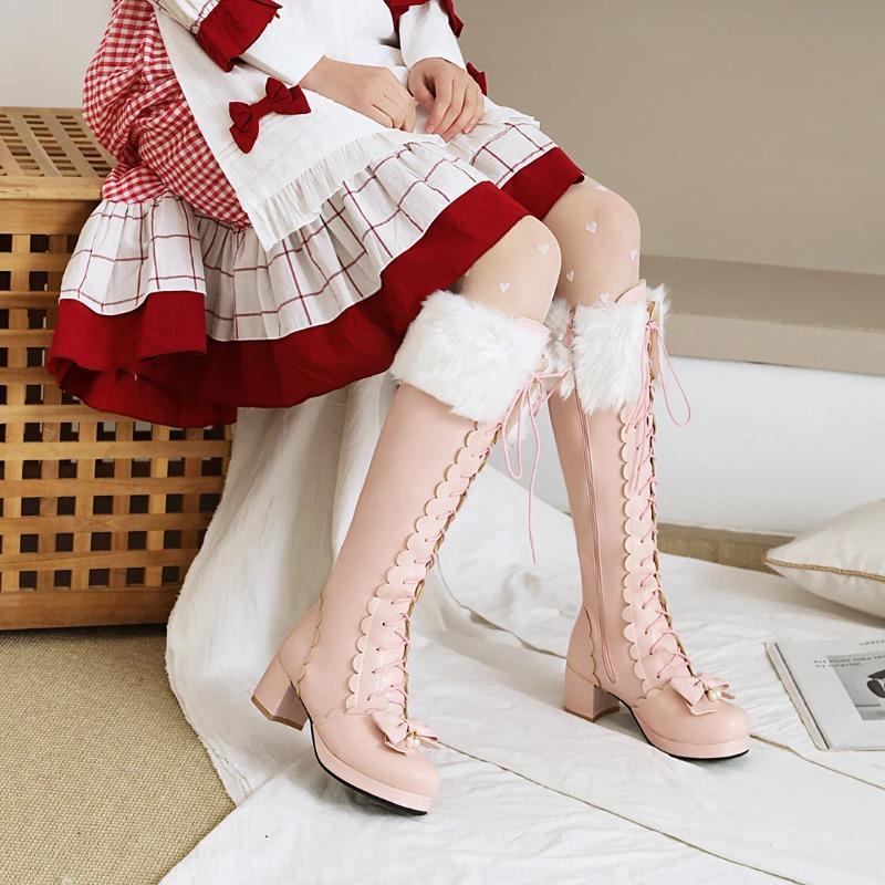 Übergröße Winter Damen Hochzeit Brautschuhe Weiß Rosa Fell Hals Schleife Rüschen Prinzessin Uniform Lolita Cosplay Kniehohe Stiefel