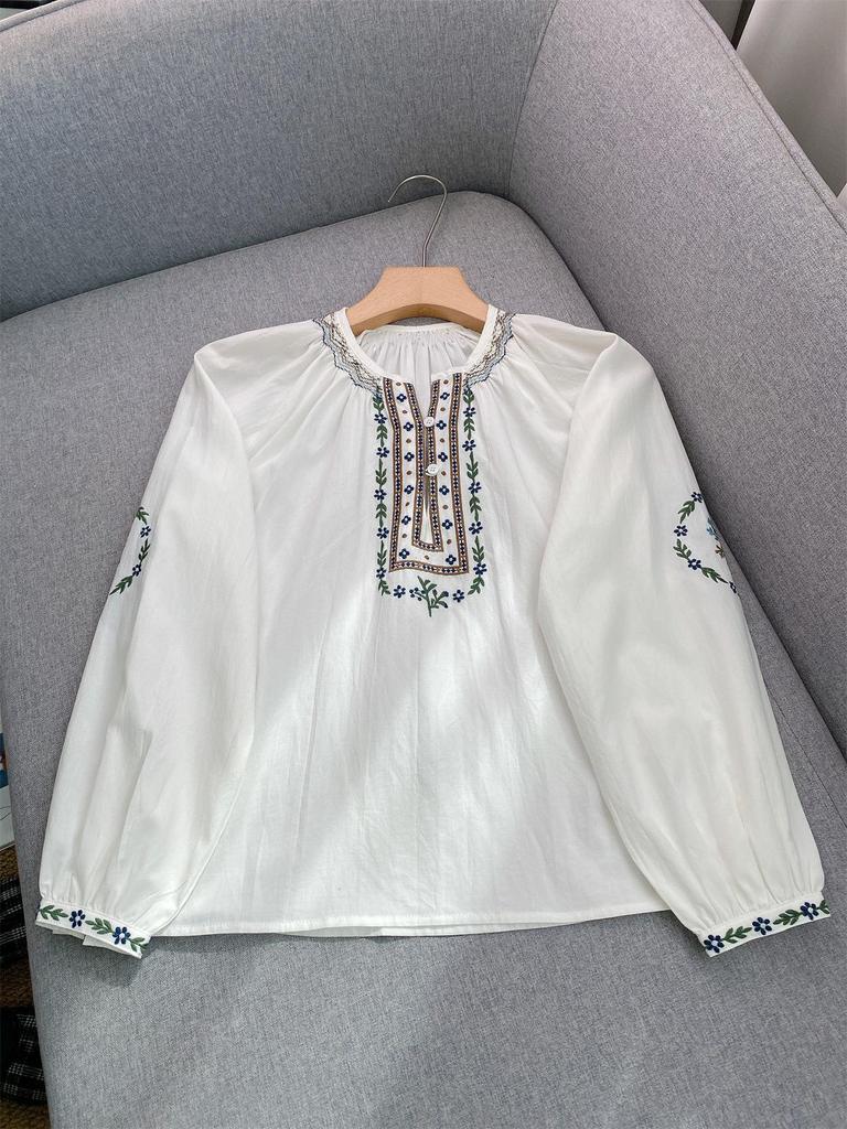 Elegant Ethnic Floral Embroidered Puff Sleeve Shirt for Women