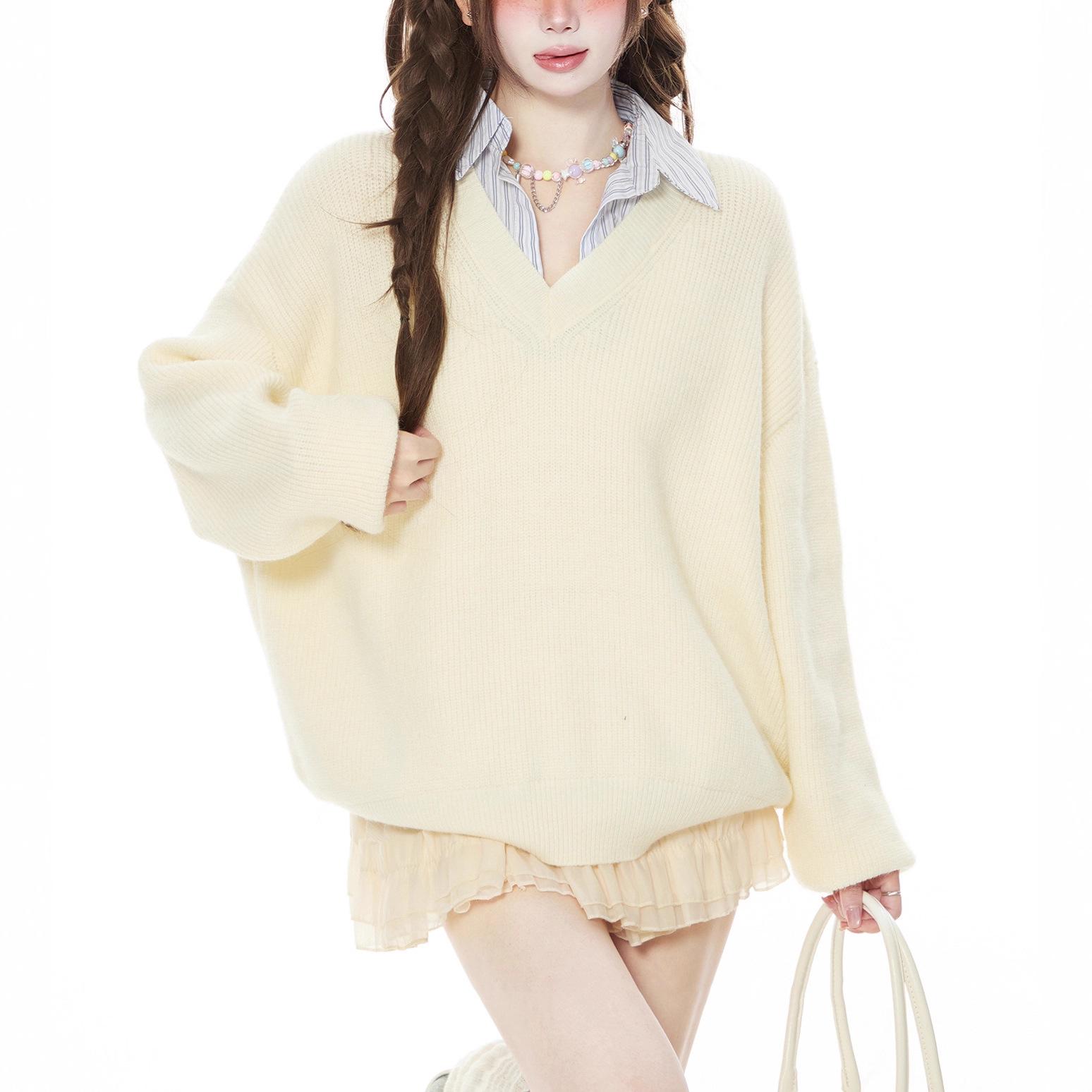 

Women s Autumn Yellow Knit Sweater - Faux Two-Piece, Loose Fit, Korean Style One Size