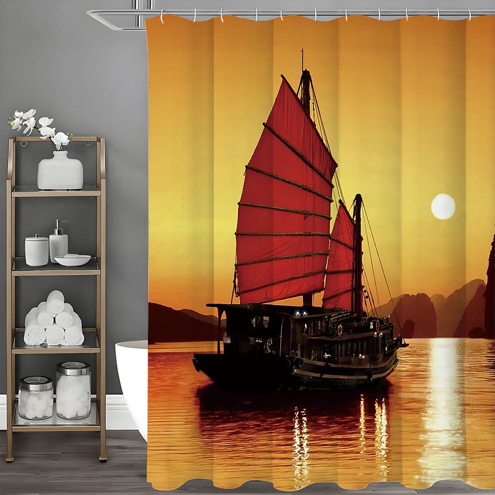 

Закат Рассвет Горы Море Парусник Занавеска для душа, Декоративная занавеска для душа для ванной, Водонепроницаемая занавеска для душа с крючками 90*180cm