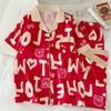 Vintage Cartoon Bear Letter Ice Silk Pajamas Set Short Sleeve Sleepwear Women