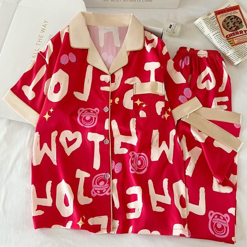 Vintage Cartoon Bear Letter Ice Silk Pajamas Set Short Sleeve Sleepwear Women