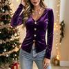 Fall Christmas Gold Velvet V-Neck Button Long Sleeve Elegant Blouse for Women, European & American Style