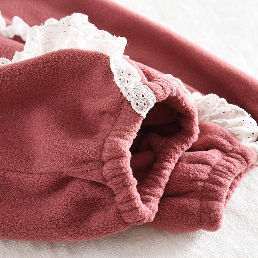 Winter Baby Girls' Cute Lace Lantern Sleeve Fleece Top & Long Pants Korean Style Two-Piece Set