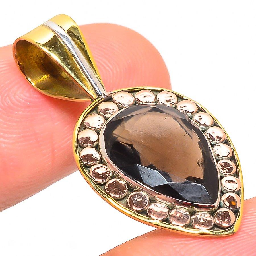Natural Smoky Quartz TwoTone 925 Solid Sterling Silver Gift Pendant 1.50" P7N21