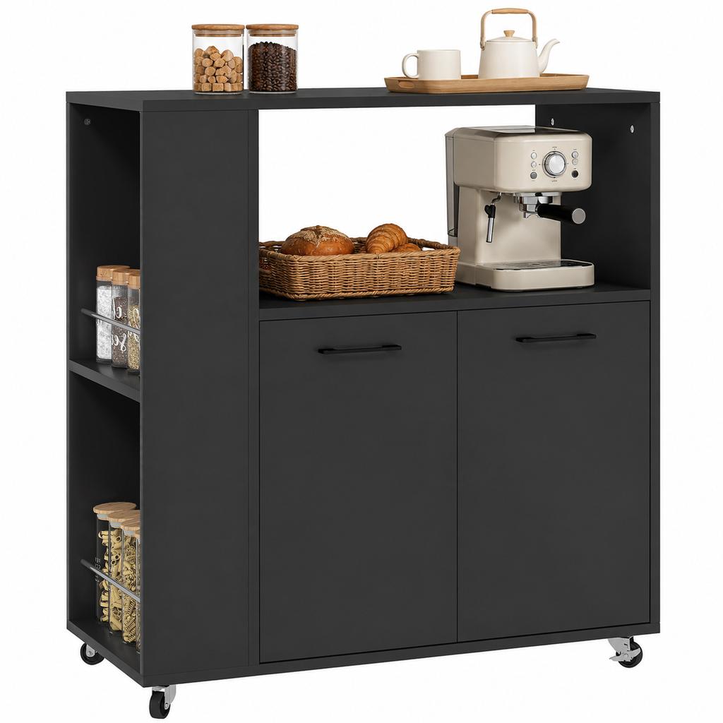 Kitchen Trolley on Wheels, Rolling Kitchen Island Cart with 2-Door Cabinet, Spice Rack and Adjustable Shelf, Black