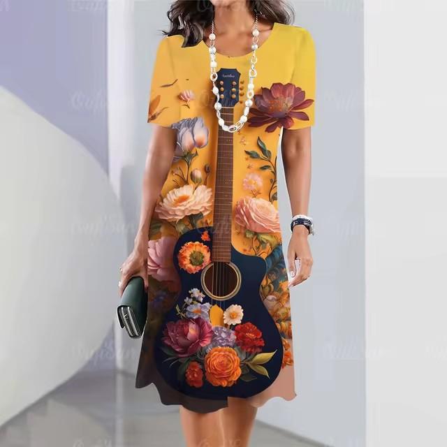 Elegant Women Short Sleeve Fashion 3d Print Midi Dress Plus Size Beach Clothing