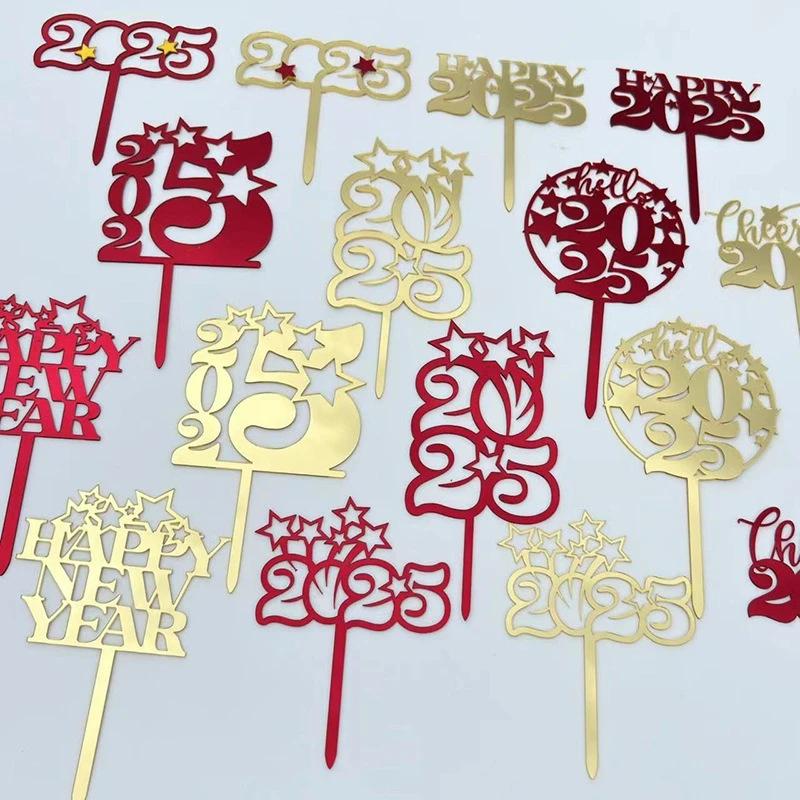 10PCS New Year Happy Party Cake Toppers 2025 Creative Red Gold Cake Flag Family New Year's Party Dessert Baking Decoration Gifts