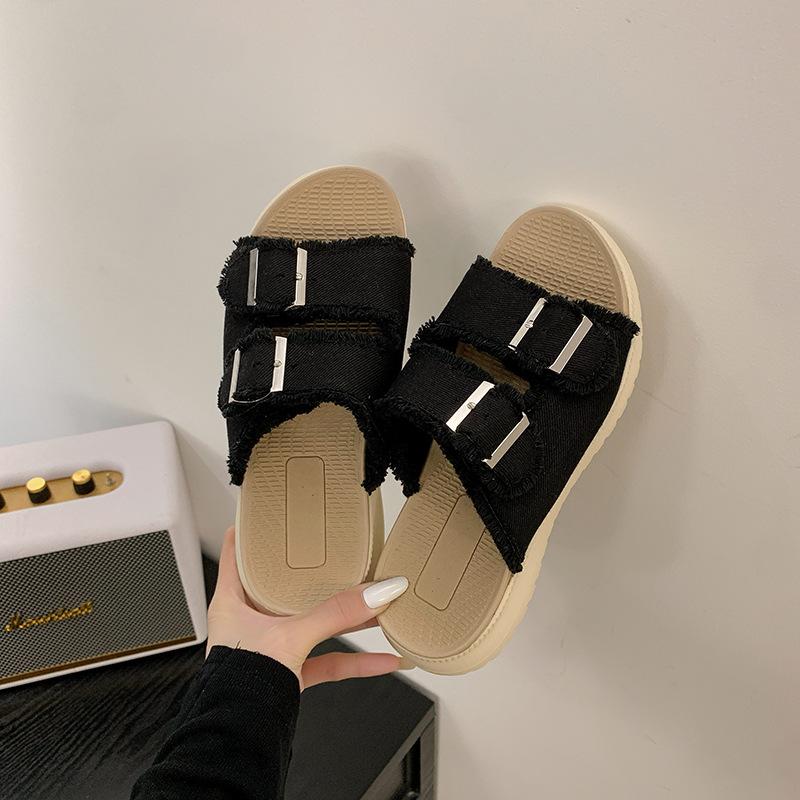 

Большие тапочки на плоской подошве женские носят новые джинсовые сандалии с пряжкой на ремне женские односложные тапочки 36 чёрный