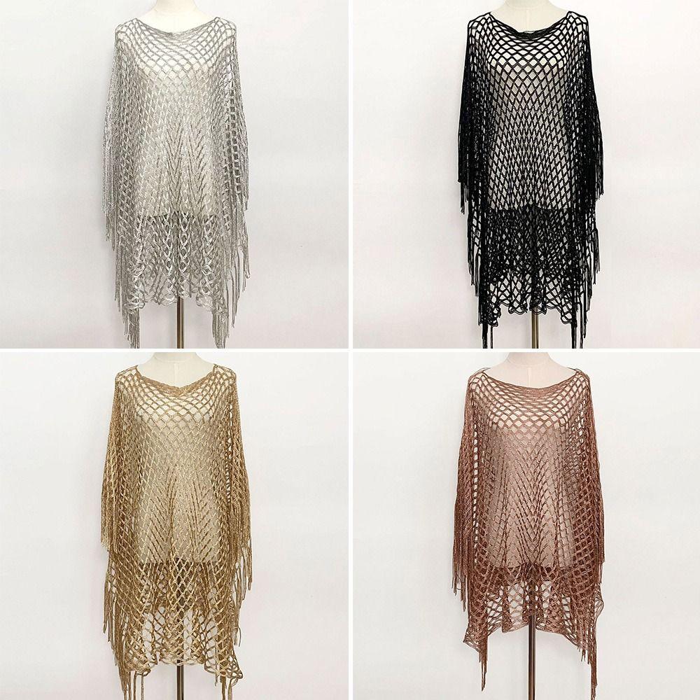 Knitted Shawl Jacket Gold Silver Wire Mesh Poncho Simple Design Cover Up  Vacation