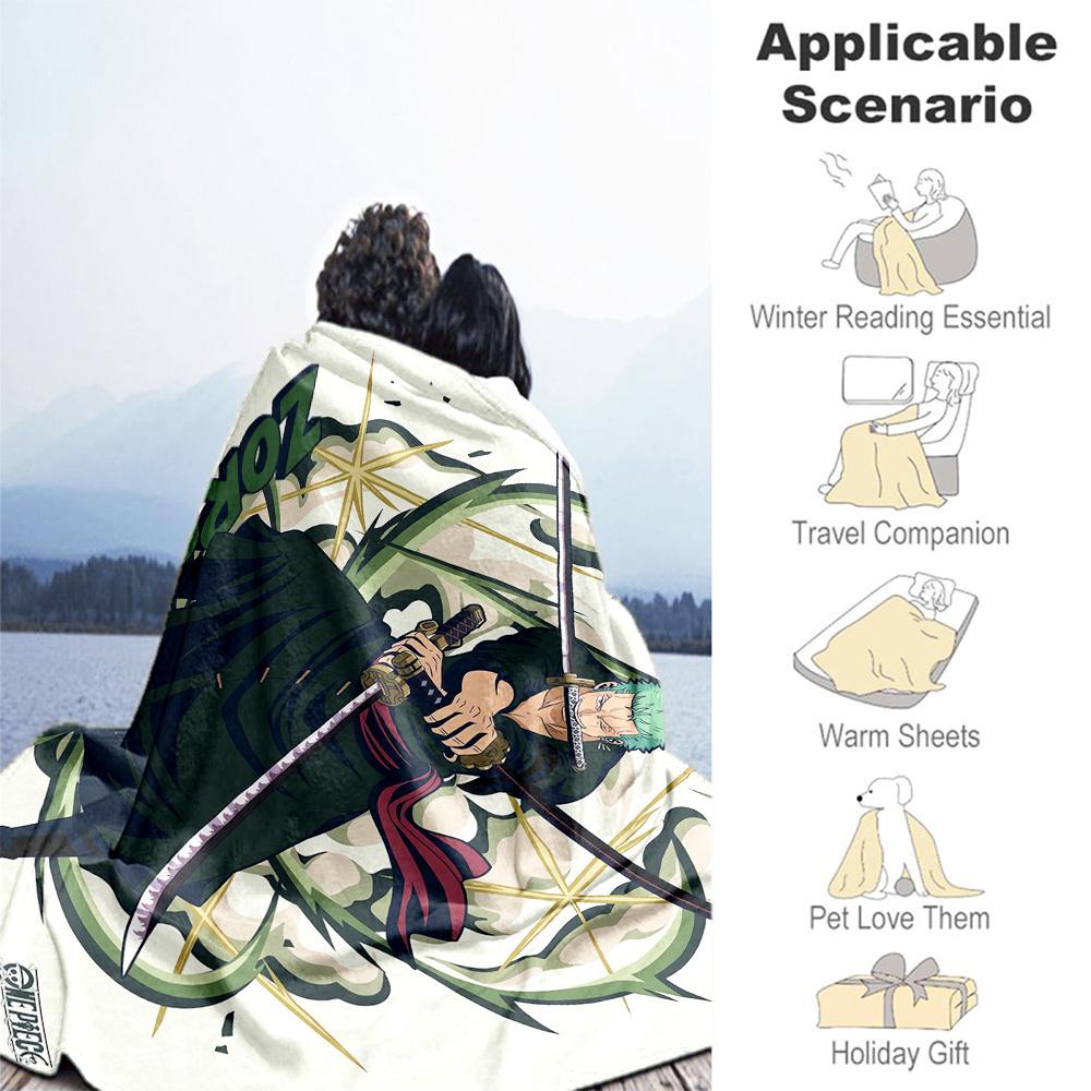 1pc Zoro, OnePiece Theme Design Flannel Blanket - 3D Printed Soft Warm, All-Season Lightweight Throw for Camping Travel Bed-080742