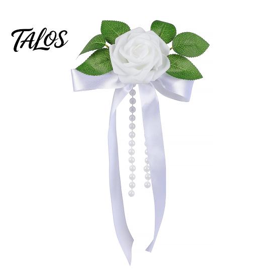 Wedding Photo Prop Flowers Artificial White Rose Car Decoration, Door Handle & Rearview Mirror Flower Bouquet Fairy Tale Decor with Satin Ribbon