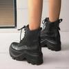 Einfarbige schwarze Stiefeletten mit dickem Boden, klobiger Plateausohle und hohem Absatz zum Schnüren, kurze Stiefel zur Höhenvergrößerung, Damenstiefel