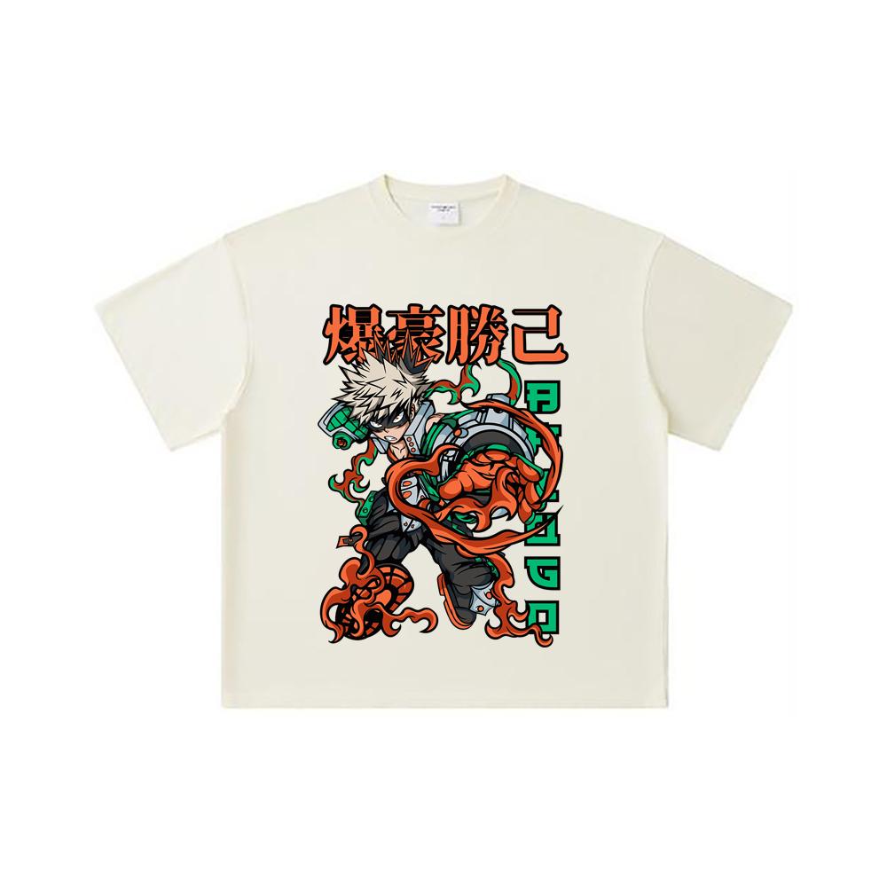 

Хлопковая футболка унисекс плотностью 260 г/м², двойная пряжа, 32 счет, 100% хлопок, с принтом Бакуго из My Hero Academia V14 S абрикосовый