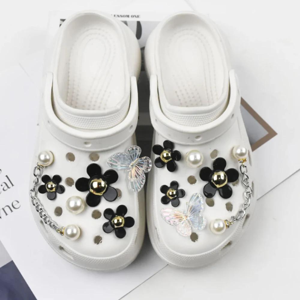 

Очарование для обуви, булавки «сделай сам», винтажный цветок, бабочка, жемчужная цепочка, украшение, пряжка для обуви с отверстиями, набор подвесок, аксессуары для детей, подарок для мальчиков и девочек